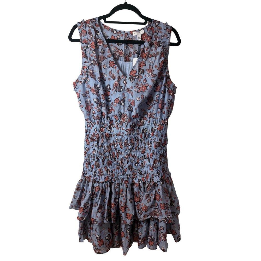 NWT Current Air Blue Floral Smocked Waist Tiered Ruffle Mini Dress Womens L